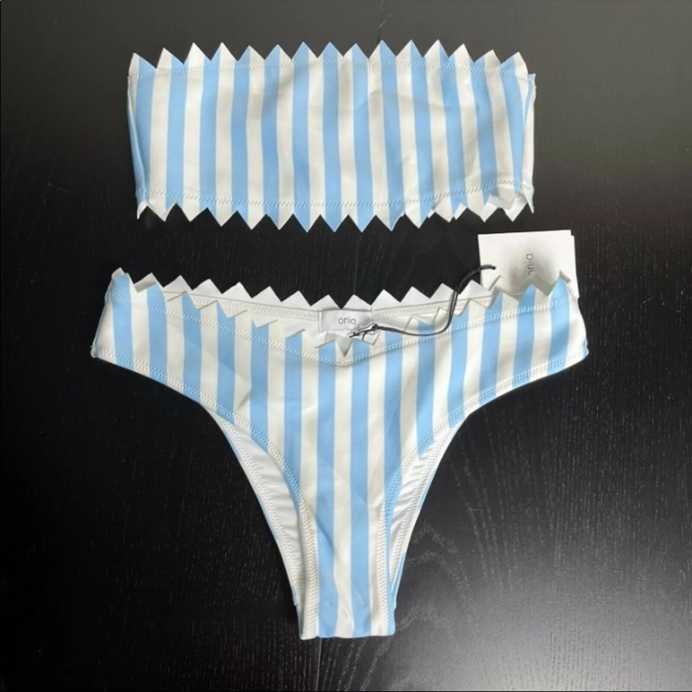 NWT Onia XS Wilma bandeau Astrid top Blue & White macro stripe bikini swim set